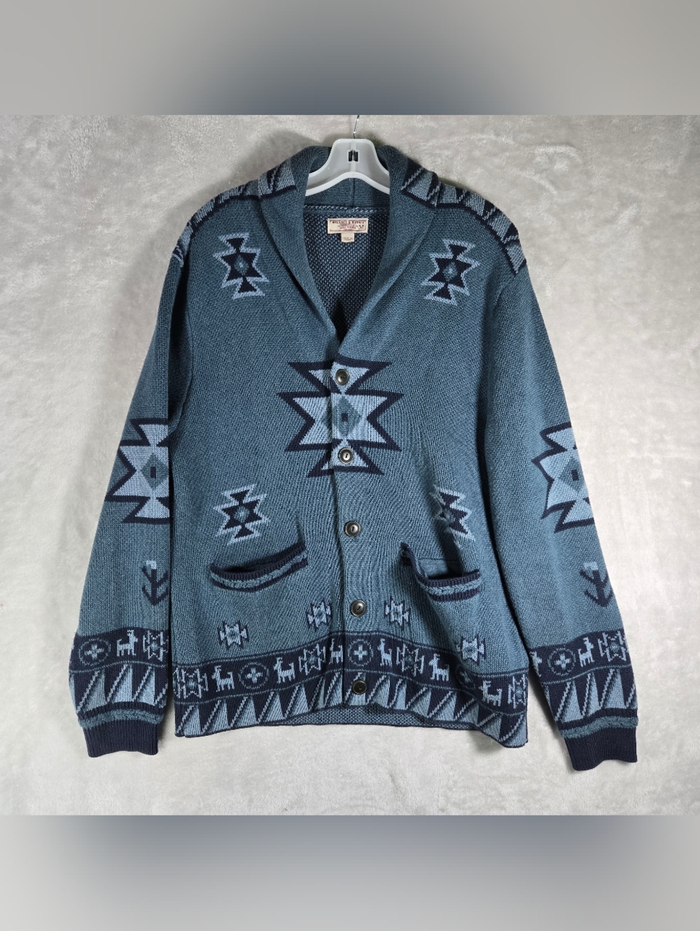 Wallace & Barnes Western Jacquard Cardigan Mens Size Medium Blue Tribal Sweater